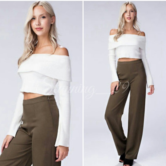 🆕️5☆ IVORY OFF SHOULDER  RIBBED RUFFLE KNIT TOP - Picture 2 of 3